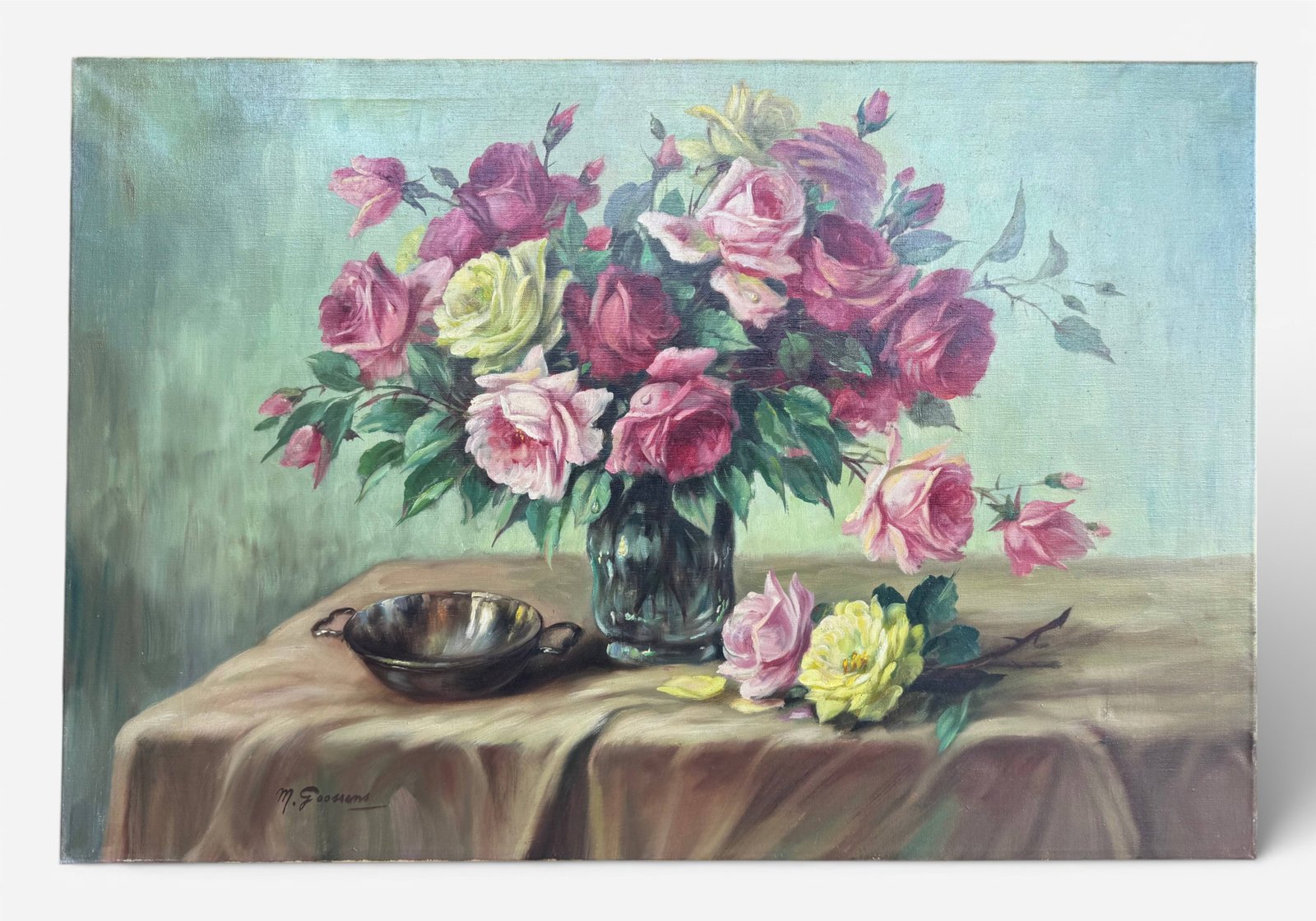 Vintage 1950s Floral Still Life Oil Painting Signed – Large Roses Bouquet